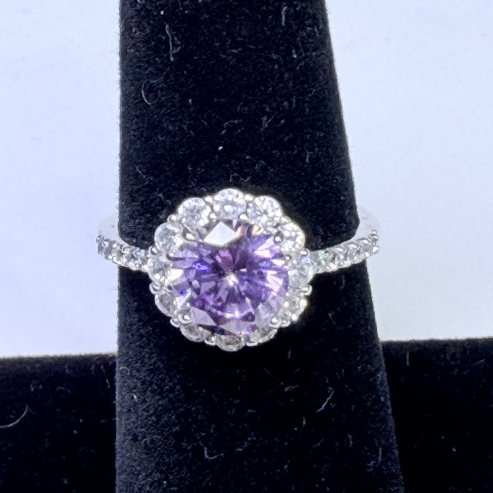 Purple Halo Cocktail Ring Silver Tone Pave Band Round Cut Size 6.75
